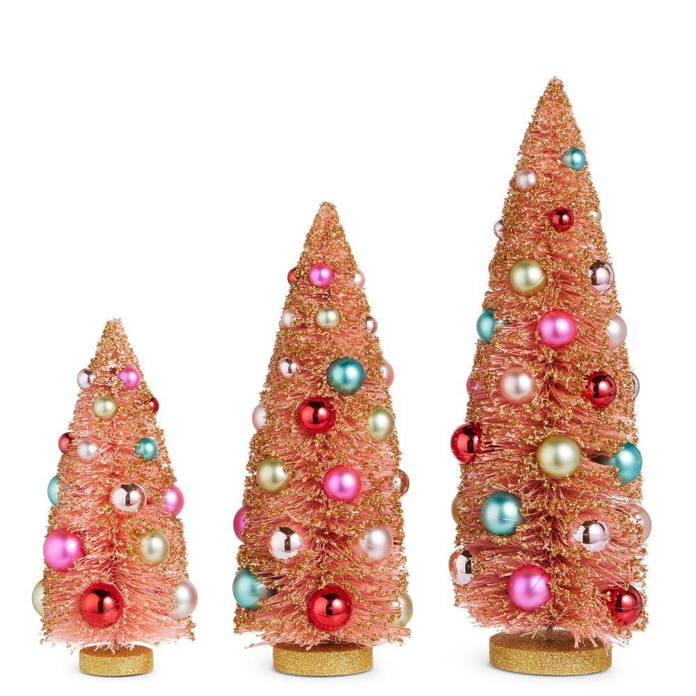 15" Pink Bottle Brush Trees with Gold Glitter