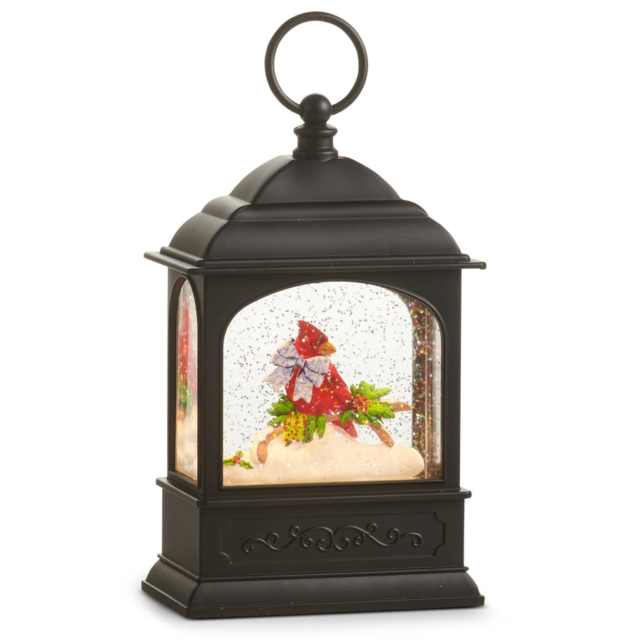 8.75" Toile Cardinal with Holly and Bow Lighted Water Lantern