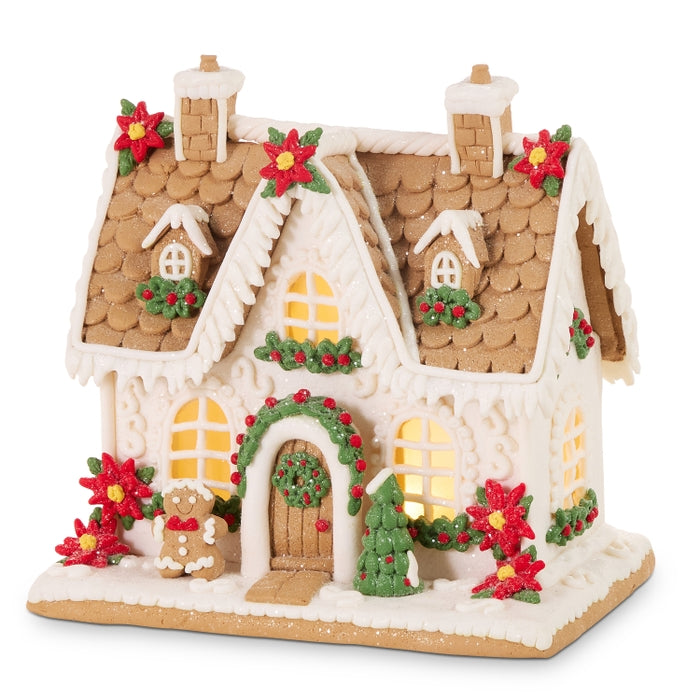 10" Lighted Poinsettia Gingerbread House