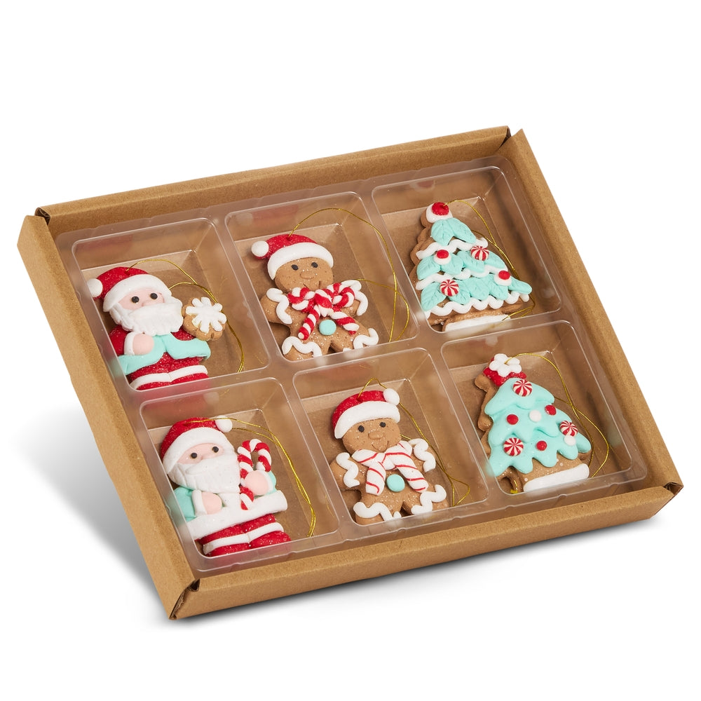 2" Box of Mini Gingerbread Tree and Santa Ornaments