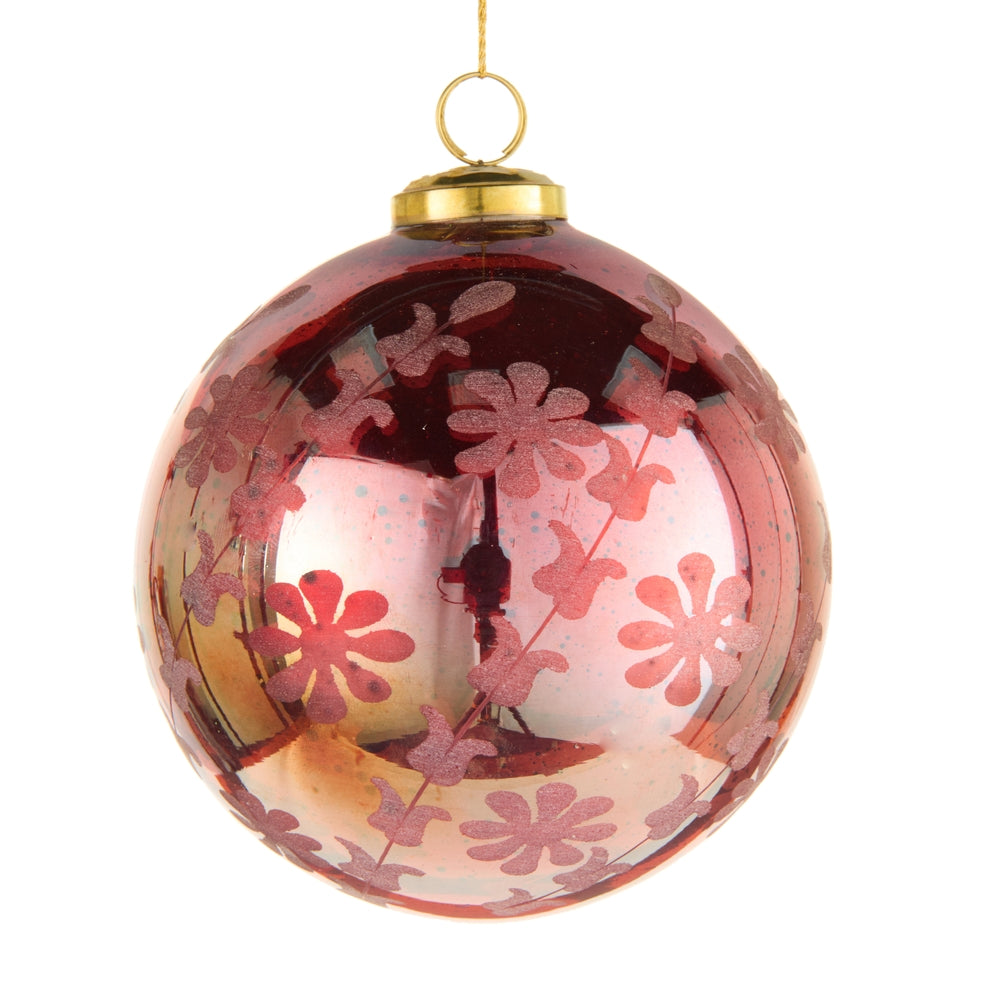 5" Red Floral Etched Ball Ornament