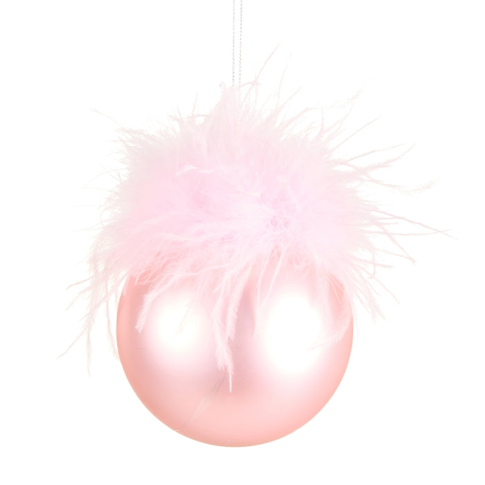 Pink Feather Top Ball Ornament 4 Inch Glass