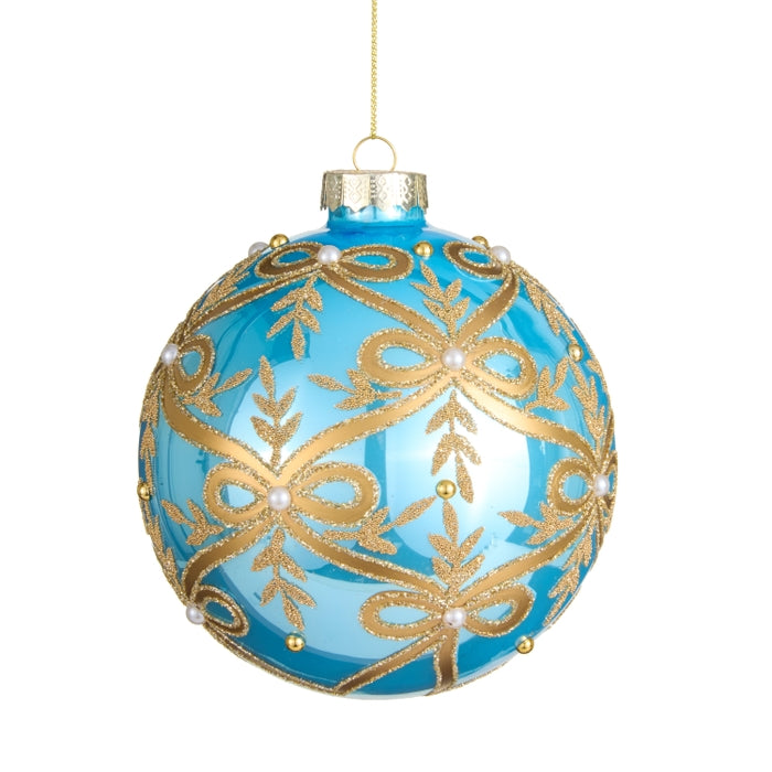 5" Gold Bow Blue Ball Ornament