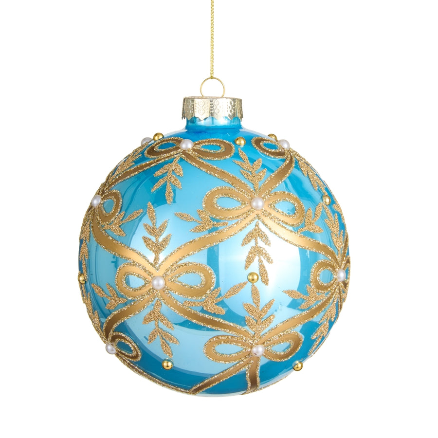 5" Gold Bow Blue Ball Ornament