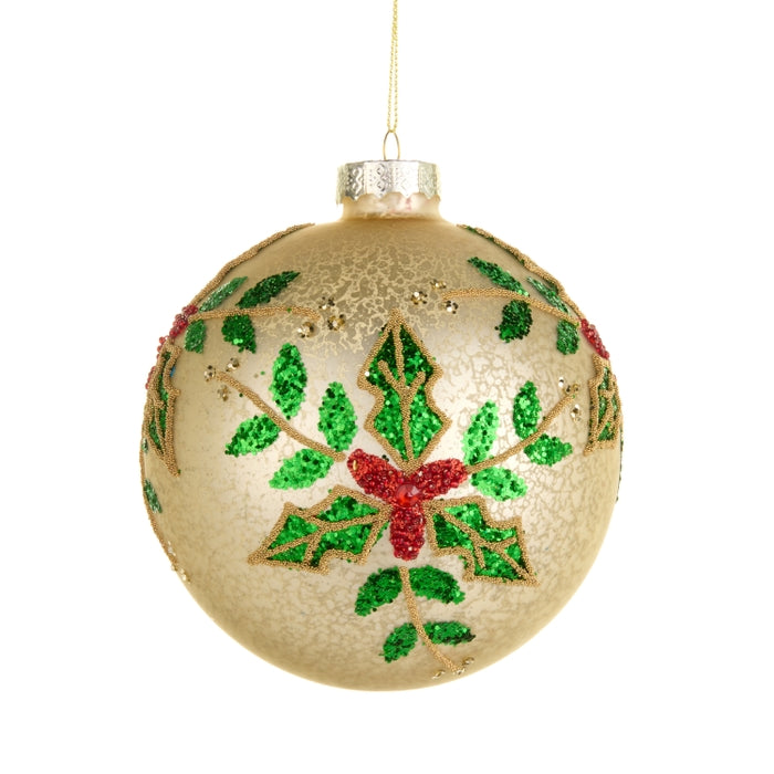 5" Beaded Holly Ball Ornament