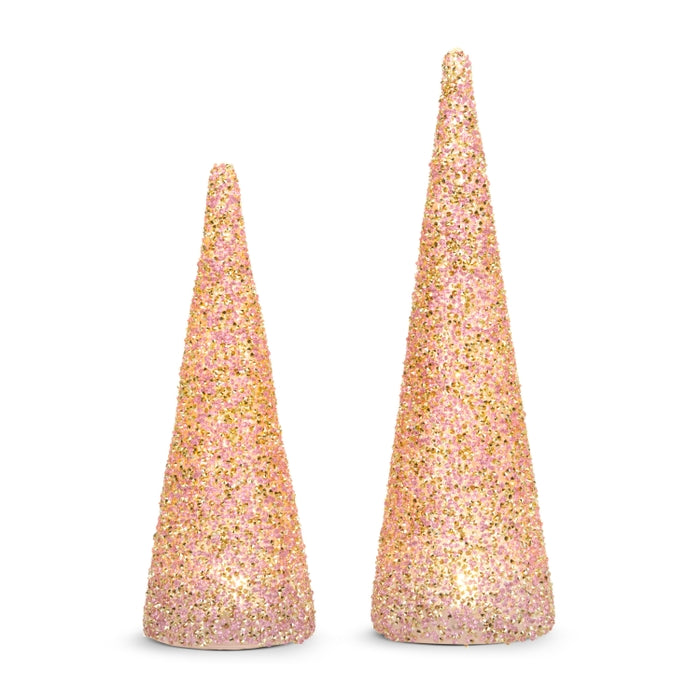 Pink Lighted Beaded Cone Trees Set of 2