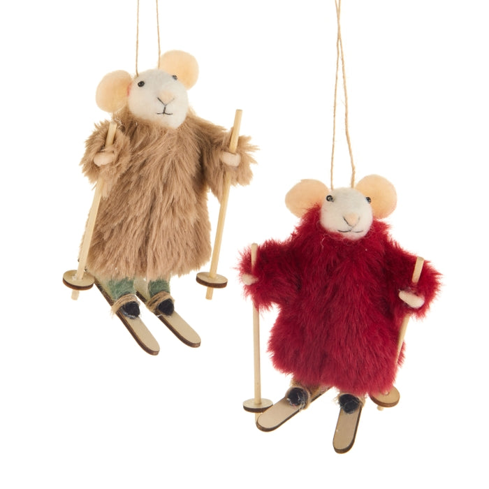 4.25" Fur Coat Skiing Mice Ornament