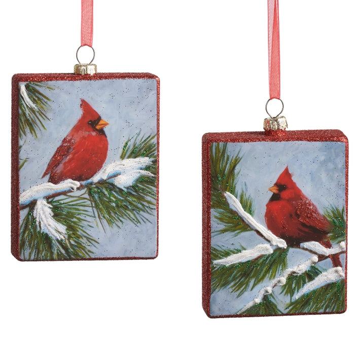 4.25" Cardinal on Pine Square Ornament
