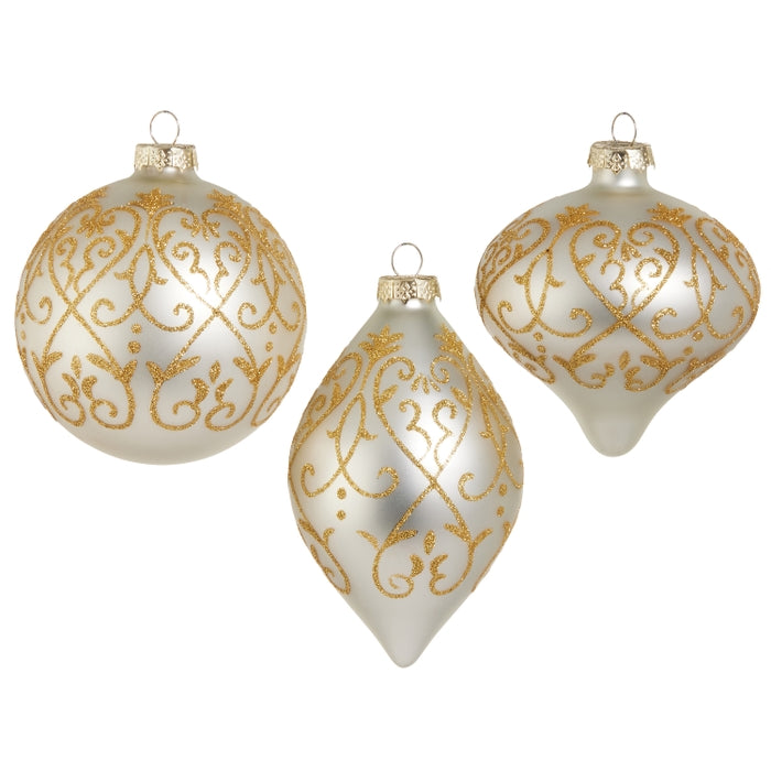 4" White and Gold Scrollwork Ornament