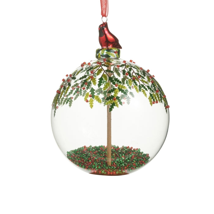 4" Cardinal and Holly Ball Ornament