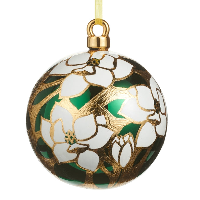 5" Green and Gold Magnolia Ball Ornament