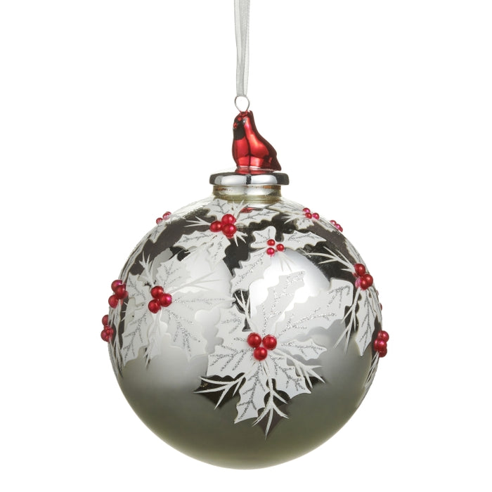 5" Cardinal and Poinsettia Ball Ornament