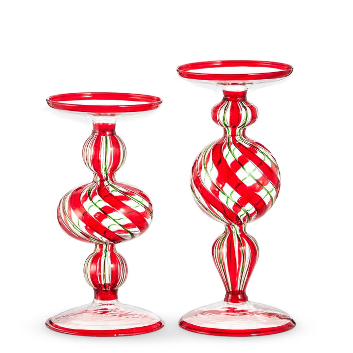 9" Red and Green Stripe Candle Holders