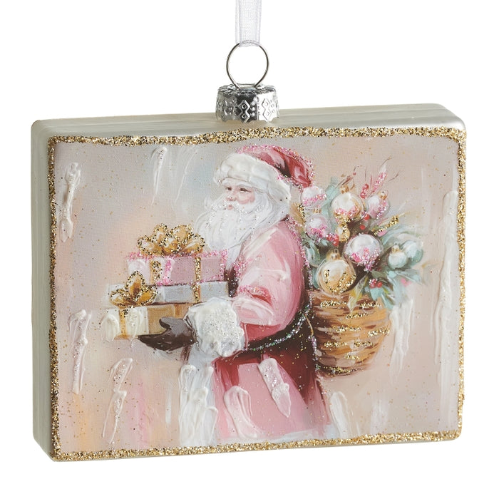 Twilight Tidings Santa Rectangle Ornament 4 Inch Glass Pink