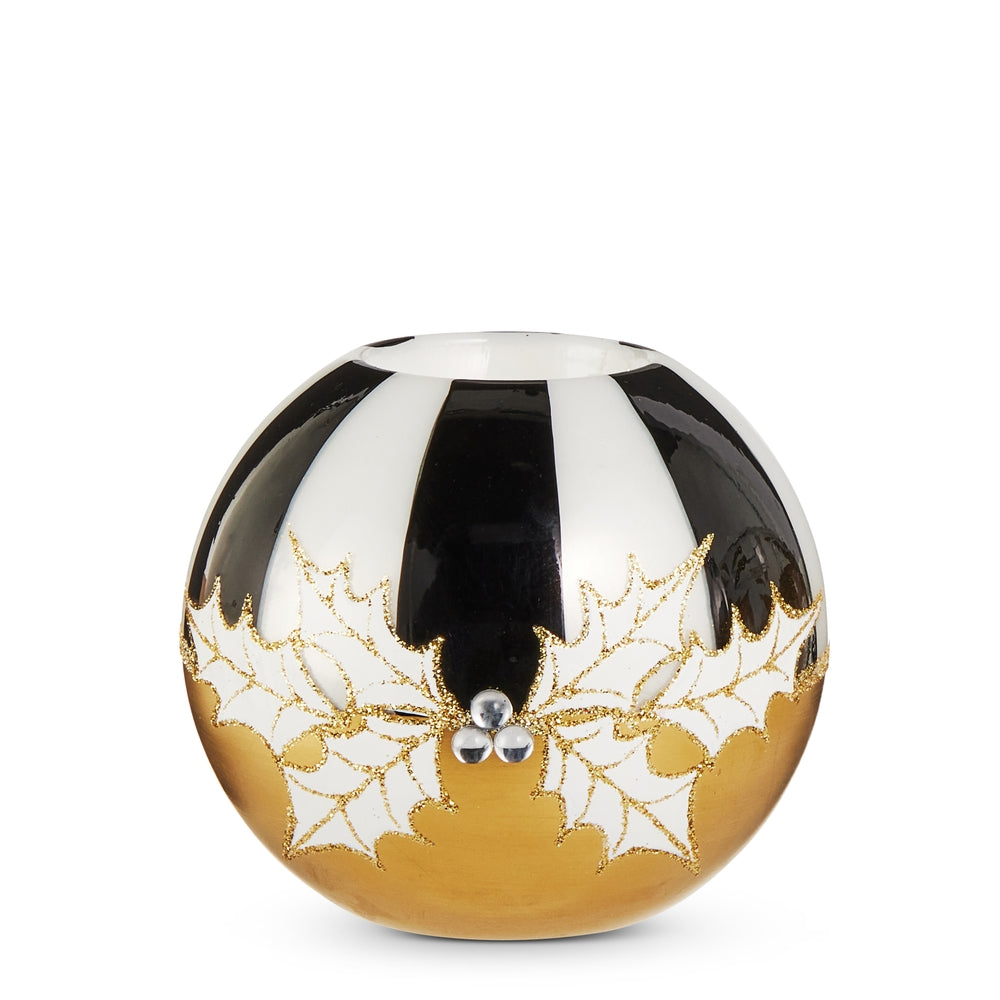 4" Stripe Holly Ball Tealight Holder