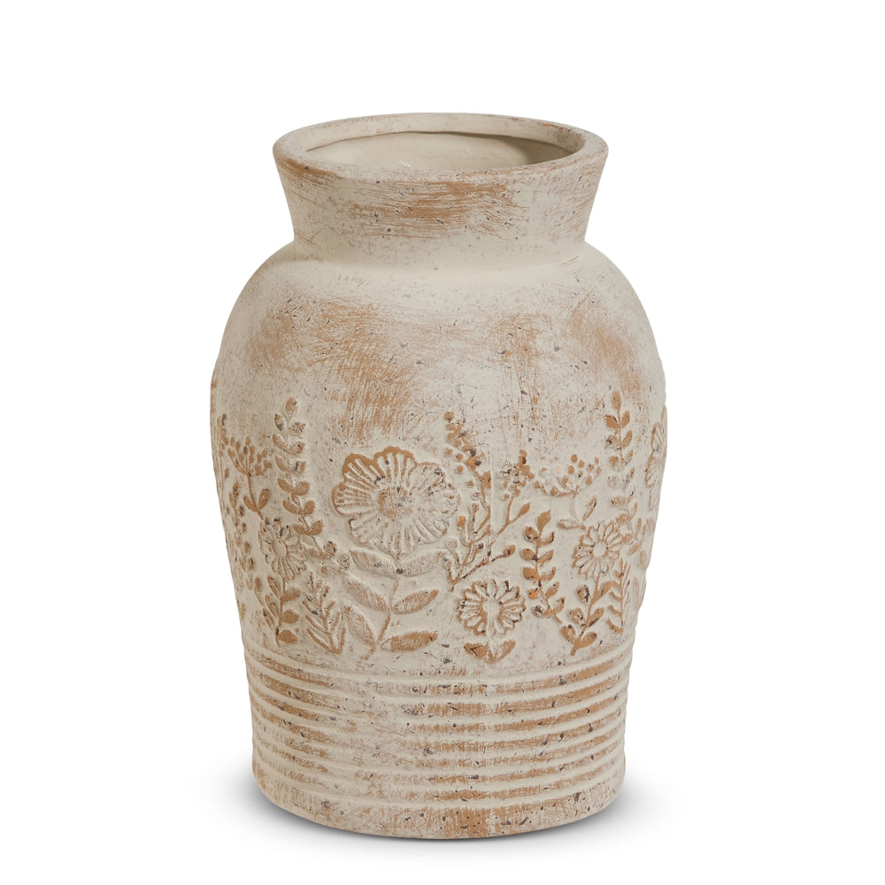 9" Whitewash Floral Embossed Vase