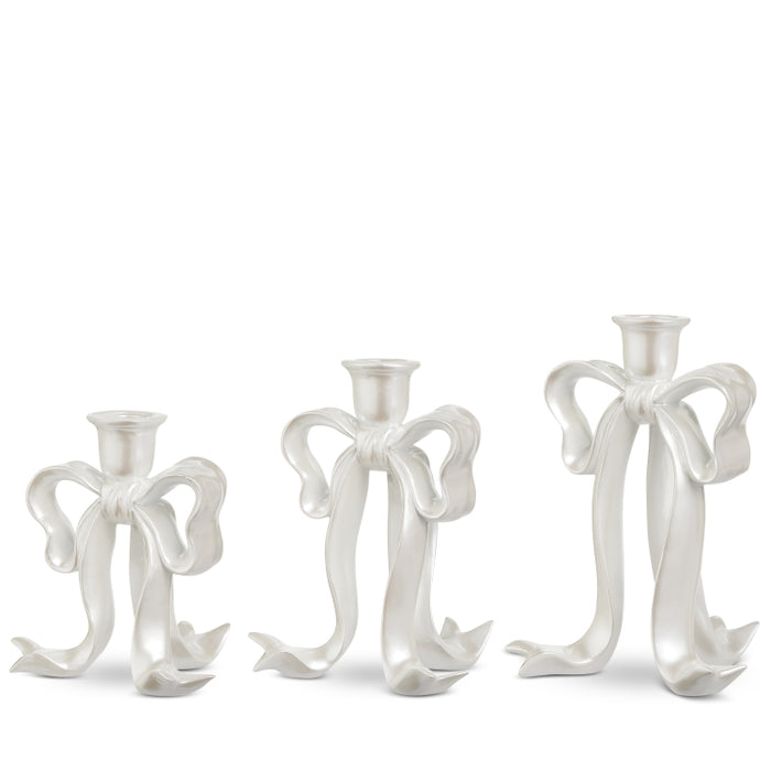 9" White Pearlescent Bow  Candlesticks