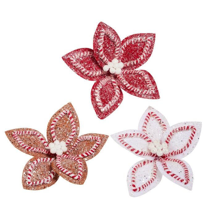 10.5" Gingerbread and Peppermint Clip-On Poinsettia Ornament