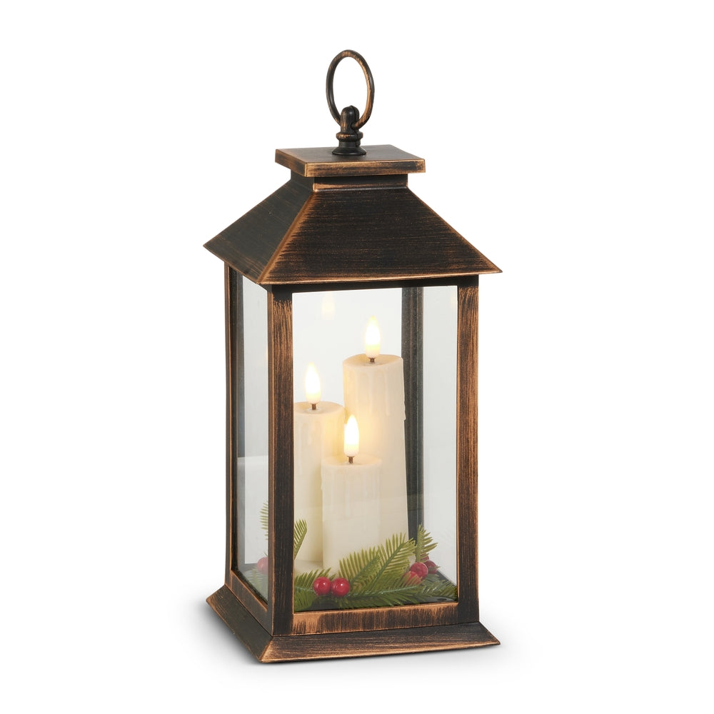 11.5" Bronze Lantern with Candles and Greenery