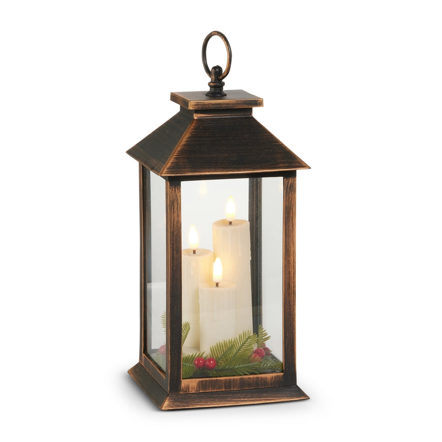 11.5" Bronze Lantern with Candles and Greenery