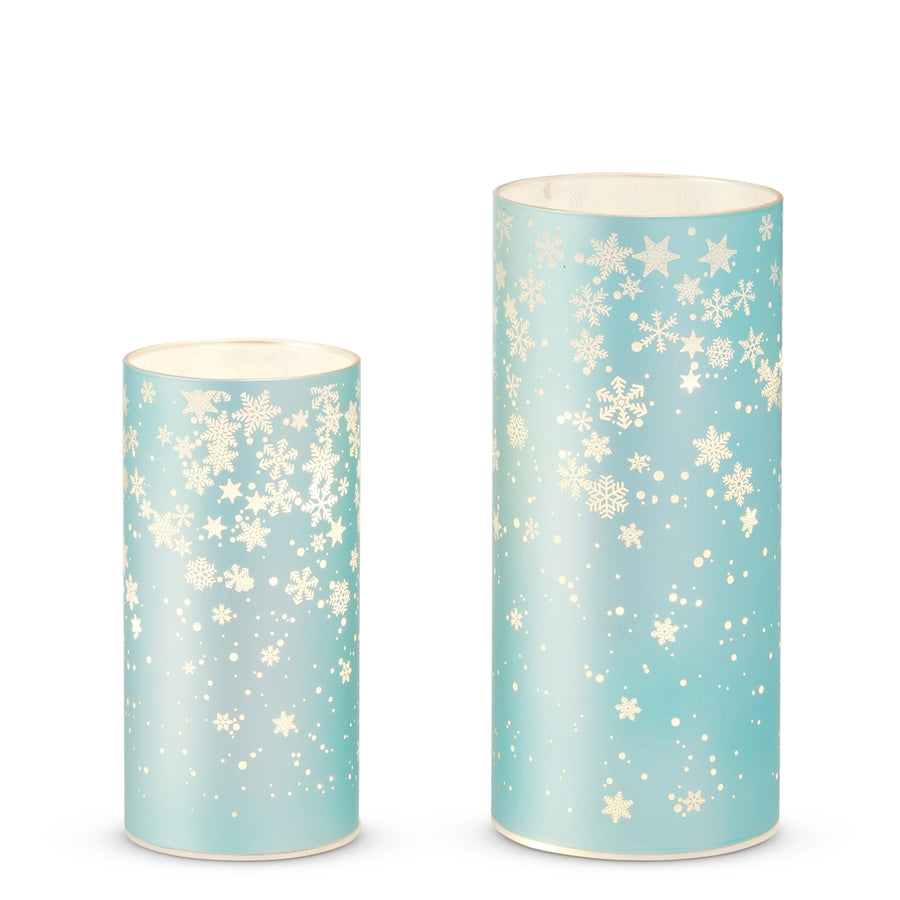 8" Lighted Snowflake Lanterns - Set Of 2 Blue Glass, Copper
