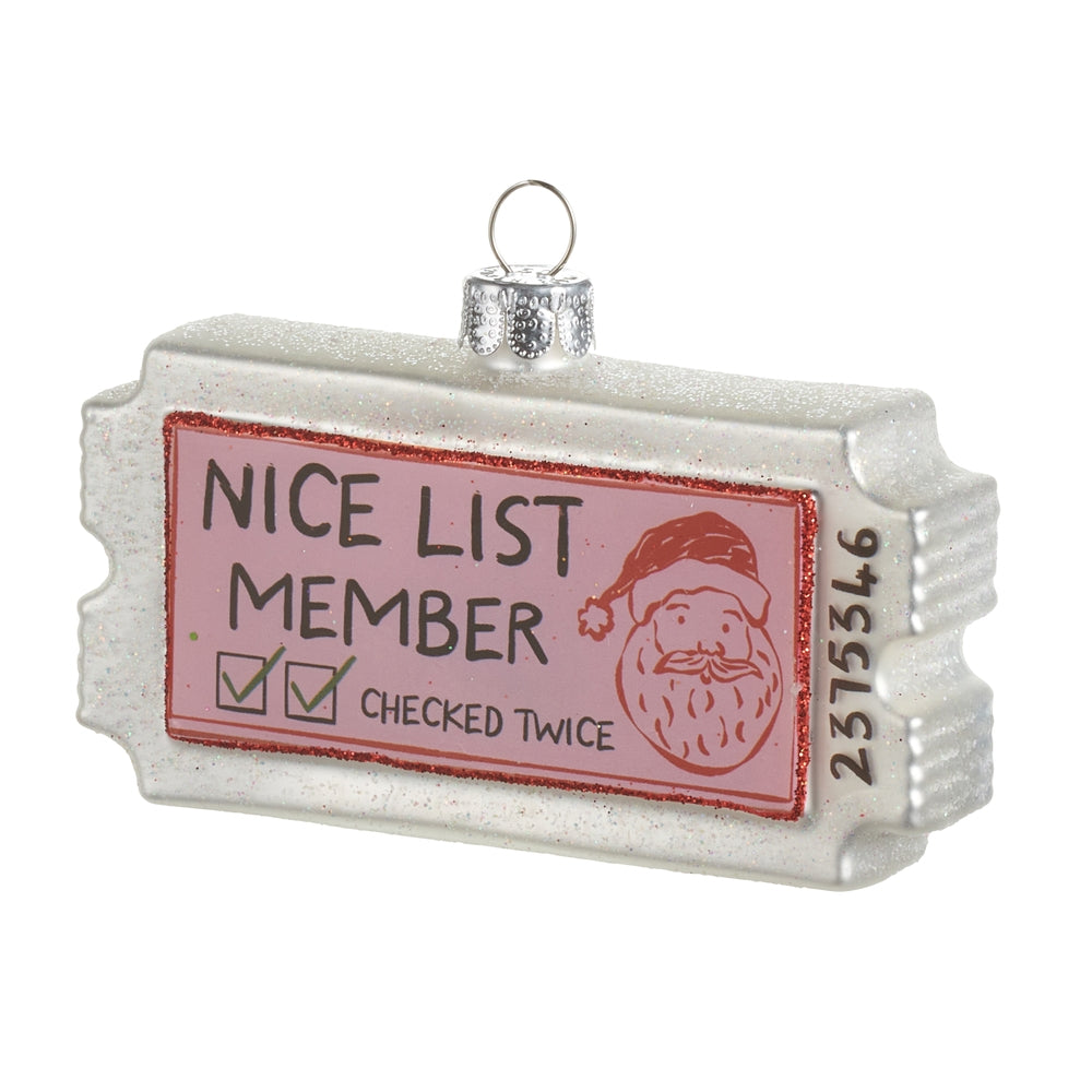 3.5 Inch Pink Glass Nice List Stub Ornament