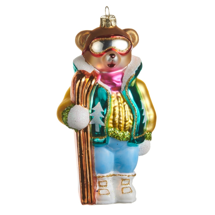 Ski Bear Ornament 6 Inch Multicolor Glass