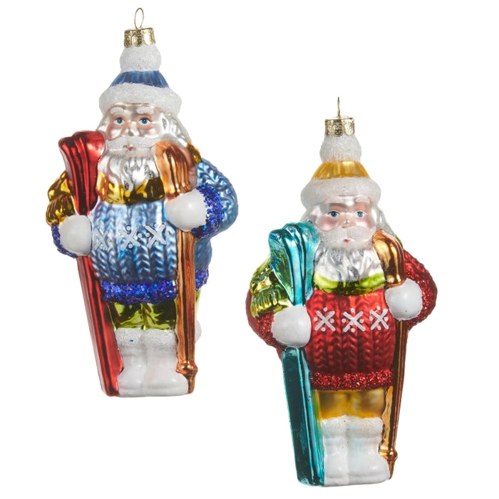 Skiing Santa Ornament 6" Multicolor Glass Set of 8