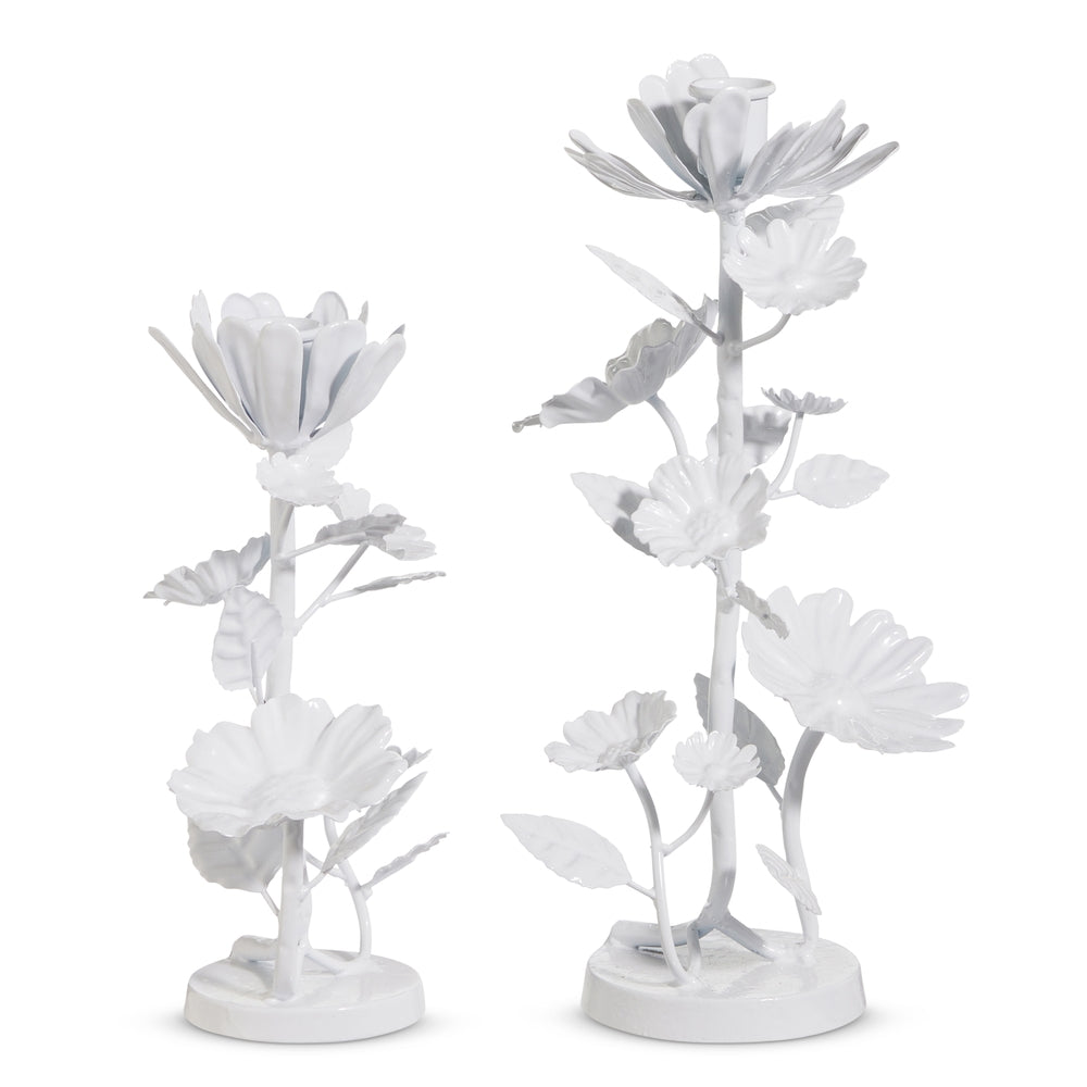 12" White Floral Candlesticks