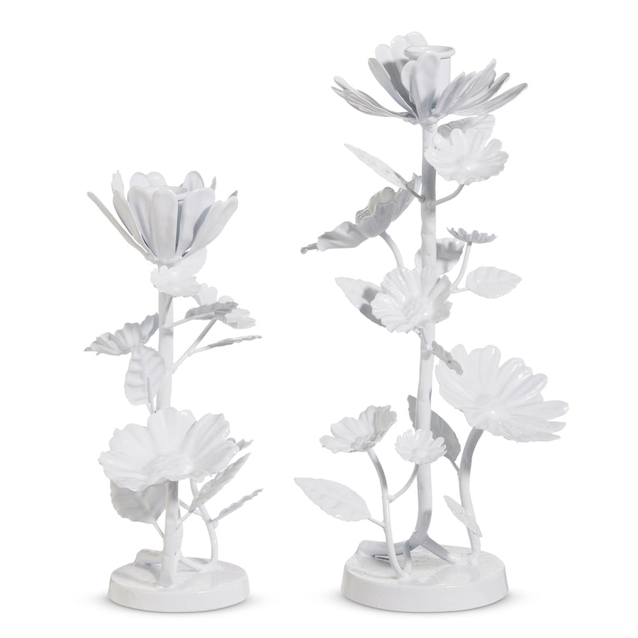 12" White Floral Candlesticks