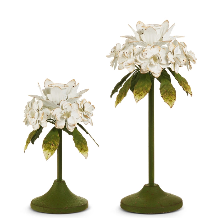 10.5" White Floral Candlesticks