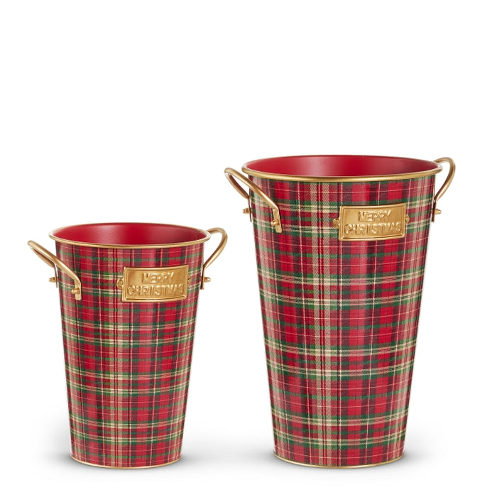 13" Red, Green and Gold Plaid Bucket Decor