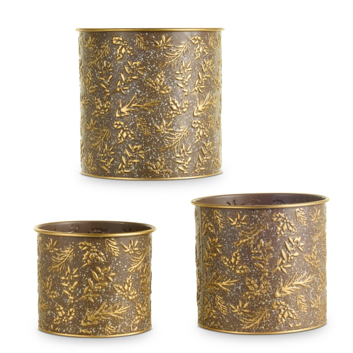 11" Bronze Greenery Stamped Buckets Decor