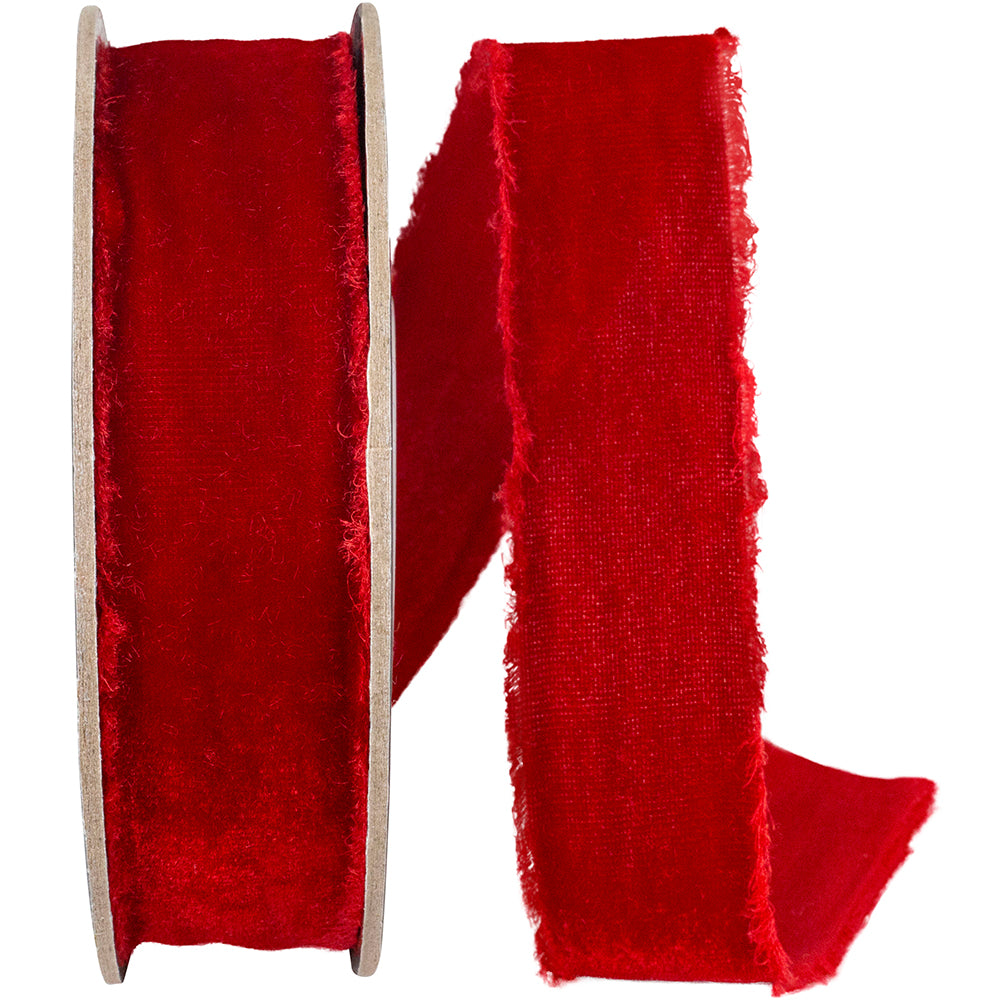 Red 1 Inch Dutchess Velvet Frayed Edge Ribbon for Wreaths & Bows