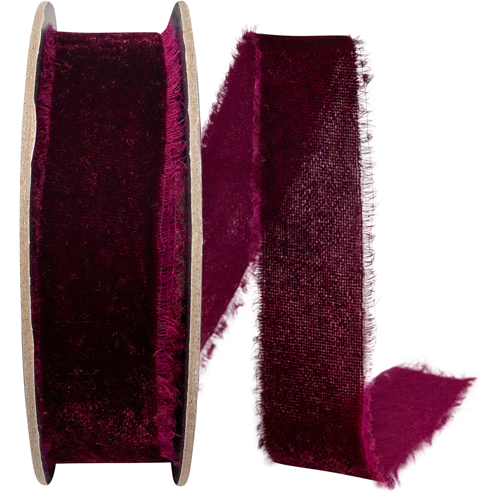 Burgundy Velvet Ribbon 1 Inch Frayed Edge for Wreaths