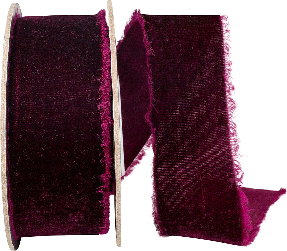 Burgundy Velvet Frayed Edge Ribbon 1-1/2 Inch for Bows