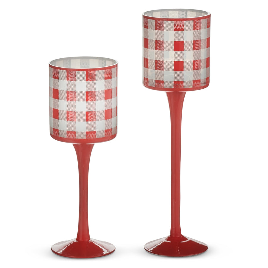9.75" Red Gingham Check Candle Holders