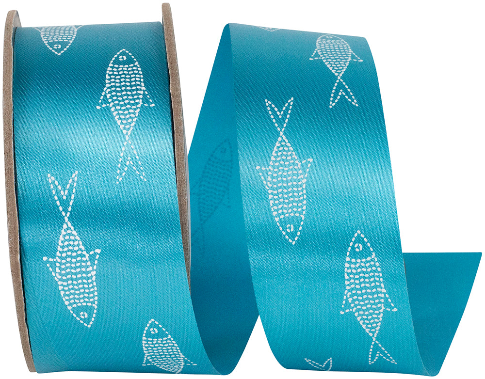 Turquoise Shore Line Fish Ribbon 1-1/2 Inch for Wreaths