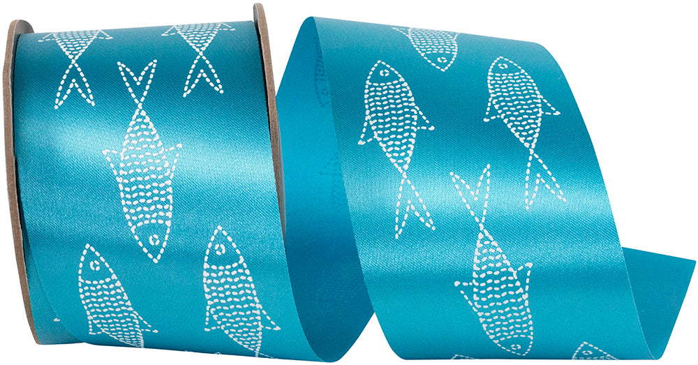 Turquoise Shore Line Fish Ribbon 2-1/2 Inch 25 Yards