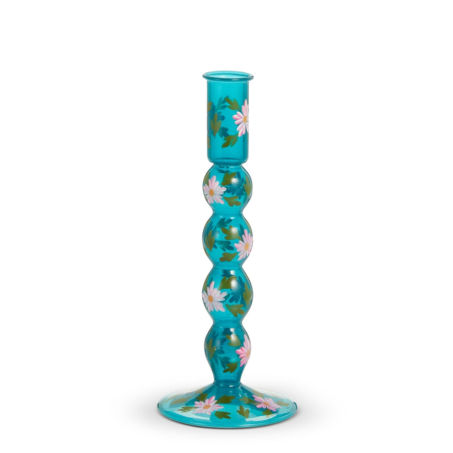 8.5" Blue Hand Painted Floral Candlestick