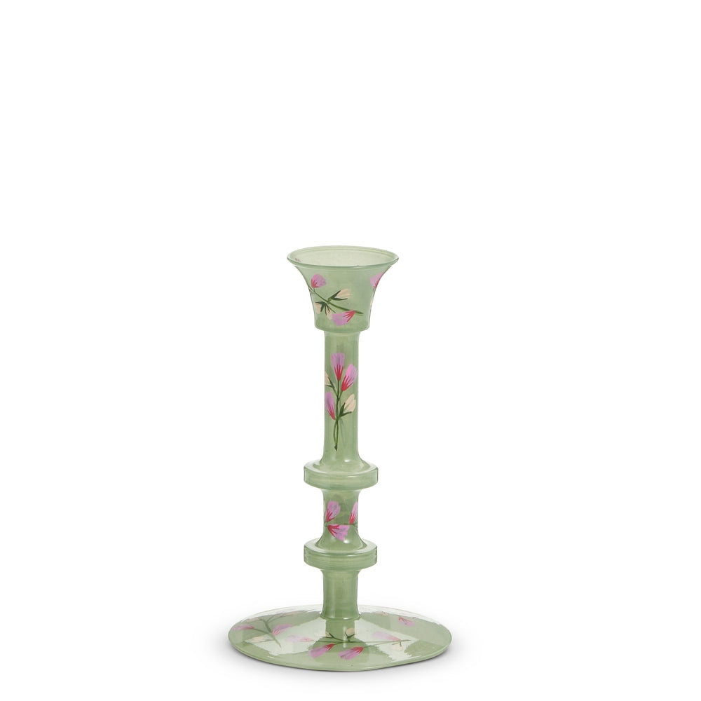 6.25" Sea Green Hand Painted Floral Candlestick