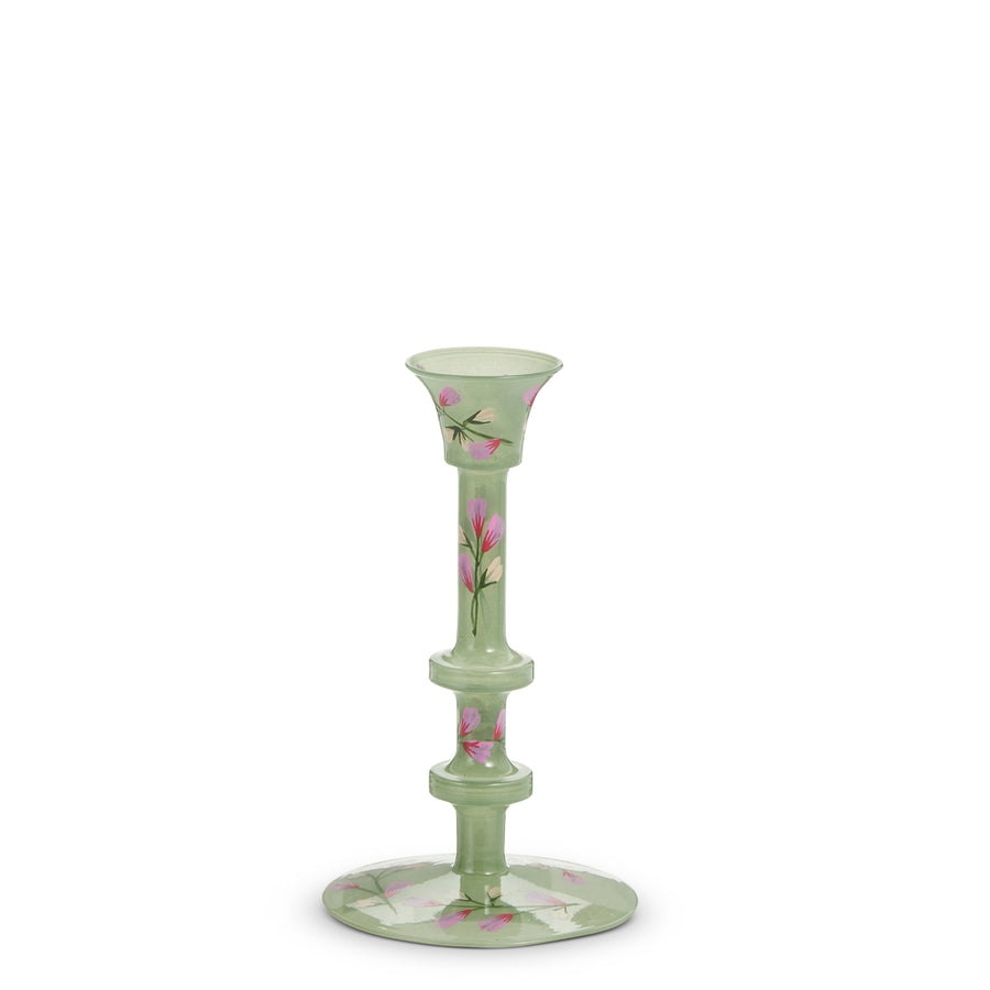 6.25" Sea Green Hand Painted Floral Candlestick