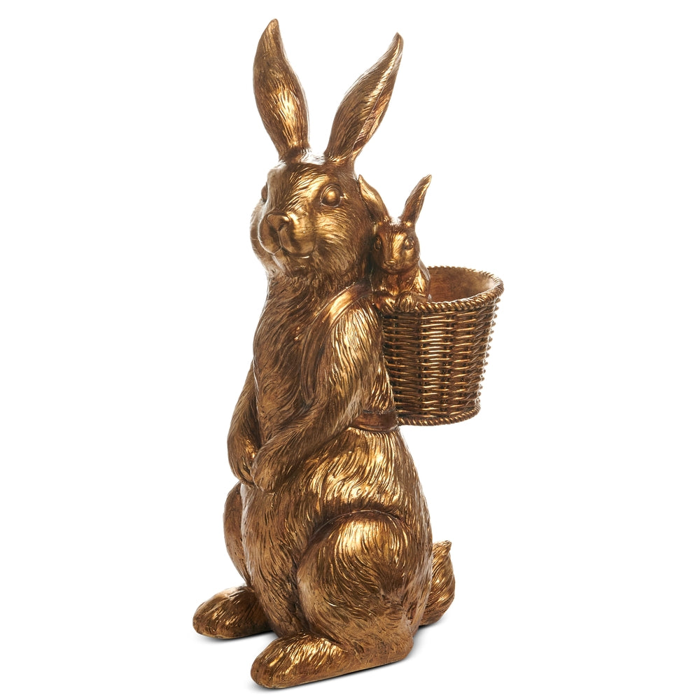 24.25" Antique Gold Rabbit with Baby in Basket