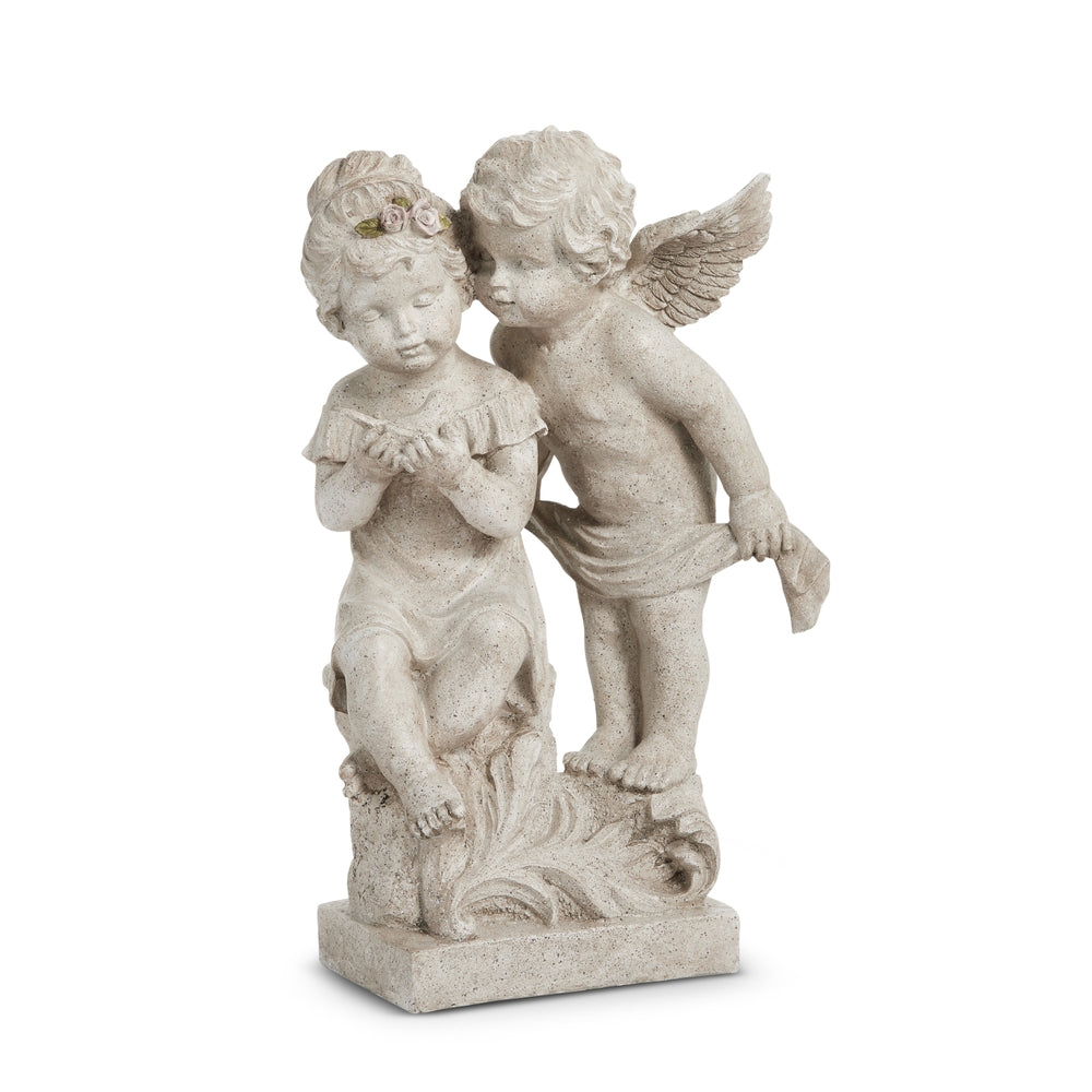 16.25" Concrete Look Cherubs with Bird