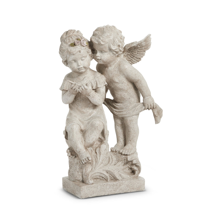 16.25" Concrete Look Cherubs with Bird