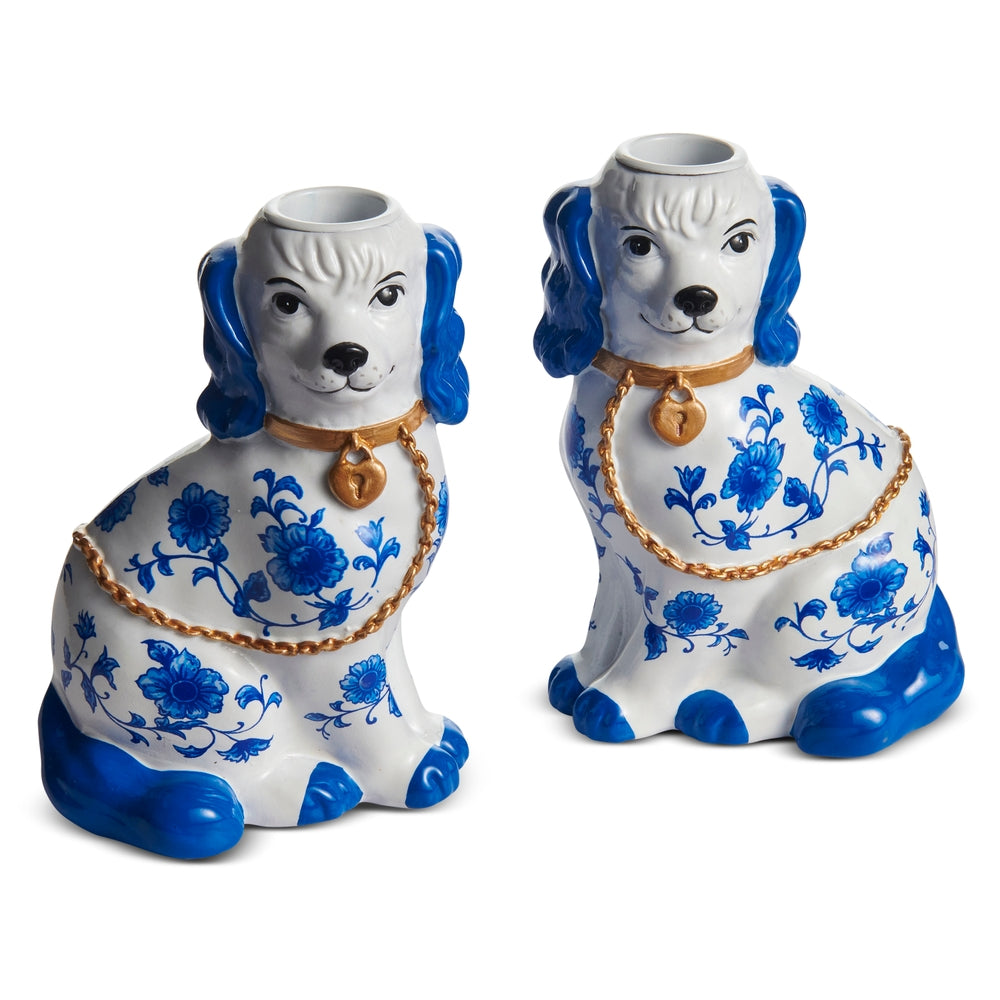 5.5" Blue and White Floral Dog Candle Holder