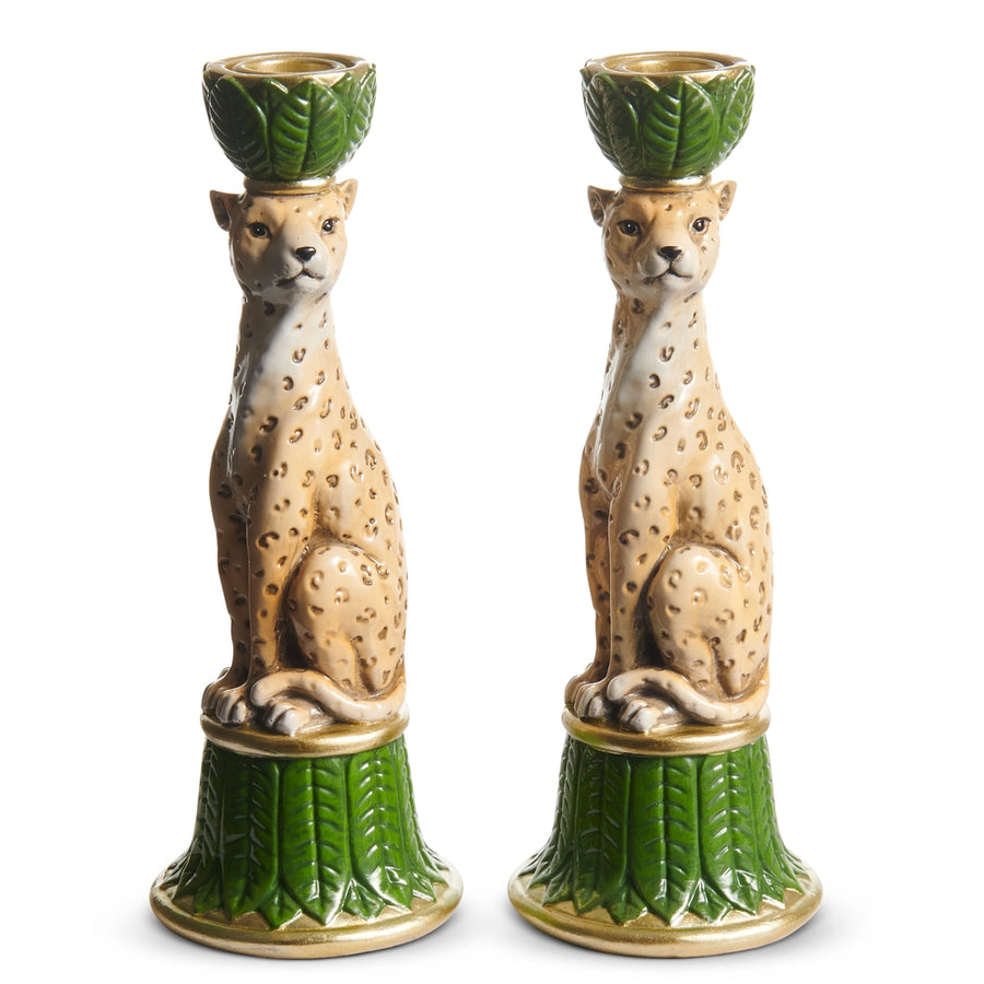 9" Cheetah with Lotus Leaf Candlesticks