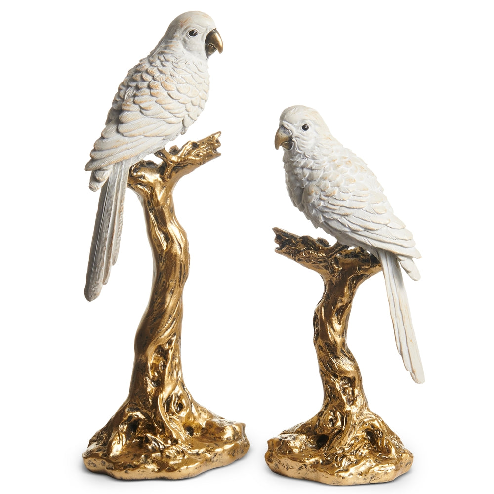 13" White Parrots on Gold Branch
