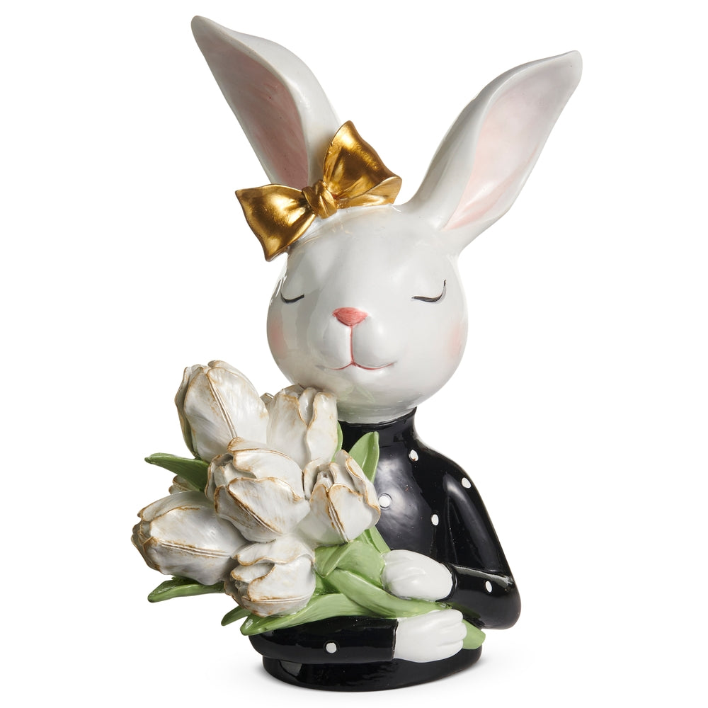 11.5" Black and White Bunny Holding Tulips