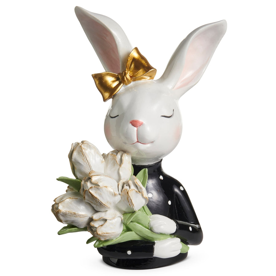 11.5" Black and White Bunny Holding Tulips